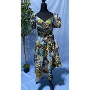 Sachin & Babi Tropical Floral Puff Sleeve Dress Blue Brown Excellent A Line 4